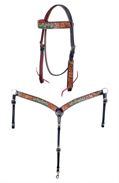 Horse Western Leather Tooled Headstall Bridle Breast Collar Tack Set 78HRBrowbandSet