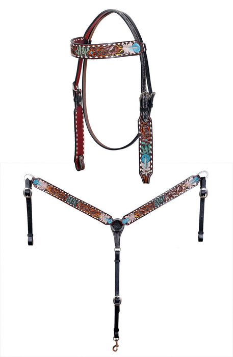 Horse Western Leather Tooled Headstall Bridle Breast Collar Tack Set 78HRBrowbandSet