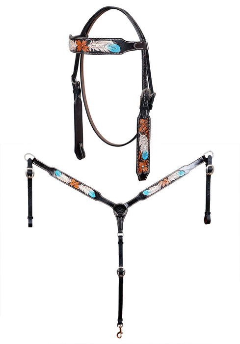 Horse Western Leather Tooled Headstall Bridle Breast Collar Tack Set 78HRBrowbandSet