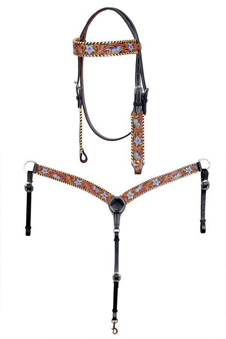 Horse Western Leather Tooled Headstall Bridle Breast Collar Tack Set 78HRBrowbandSet