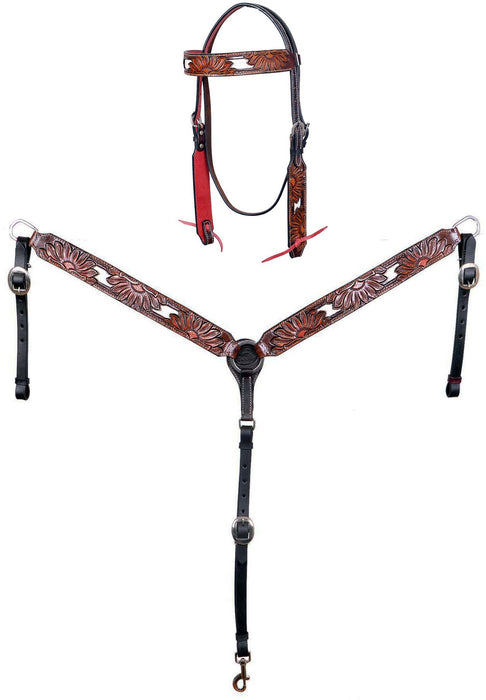 Horse Horse Western Sunflower Tooled Hair-On Bridle & Breast Collar Tack Set 78HR82B