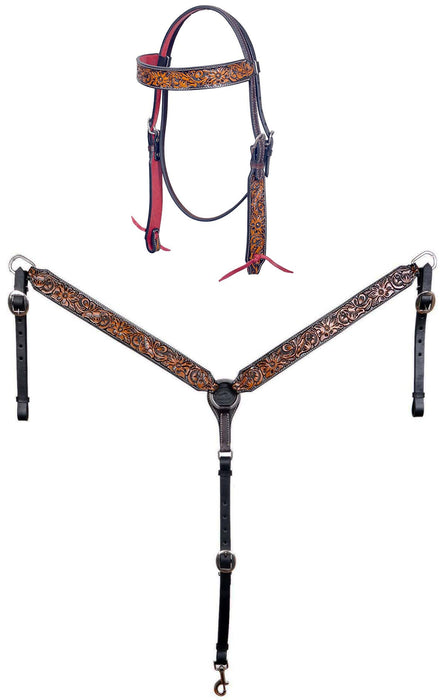 Horse Western Leather Tooled Headstall Bridle Breast Collar Tack Set 78HRBrowbandSet