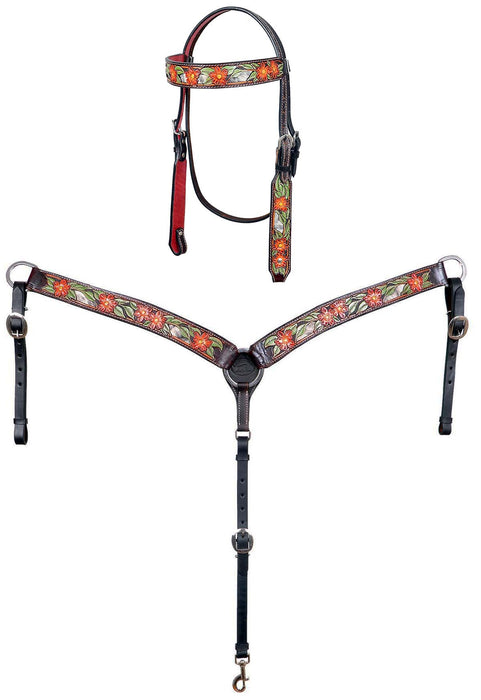 Horse Western Leather Tooled Headstall Bridle Breast Collar Tack Set 78HRBrowbandSet