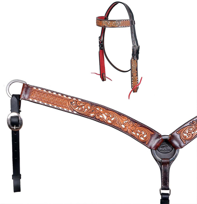 Horse Western Leather Tooled Headstall Bridle Breast Collar Tack Set 78HRBrowbandSet