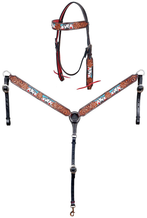 Horse Western Leather Tooled Headstall Bridle Breast Collar Tack Set 78HRBrowbandSet