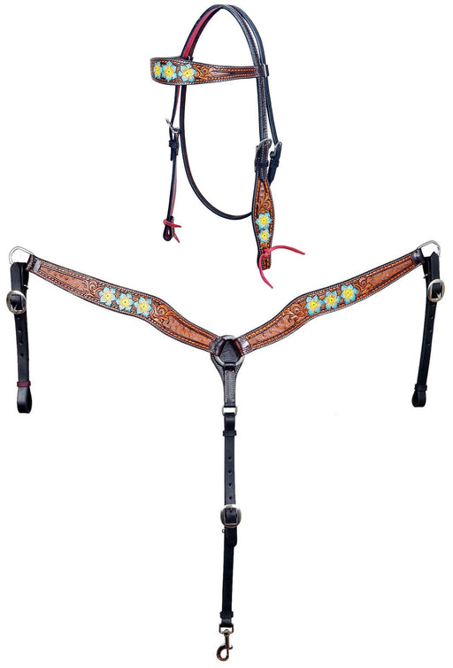 Horse Horse Western Floral Tooled Hand-Painted Bridle & Breast Collar Tack Set 78HR98B
