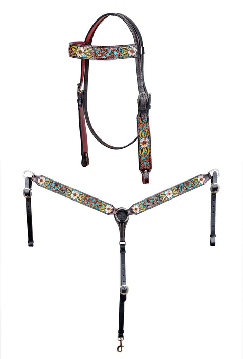 Horse Western Leather Tooled Headstall Bridle Breast Collar Tack Set 78HRBrowbandSet