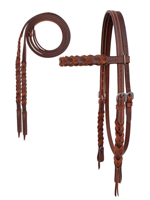 Horse Western Full-Grain Leather Braided Horse Headstall Bridle w/ Reins 78J03