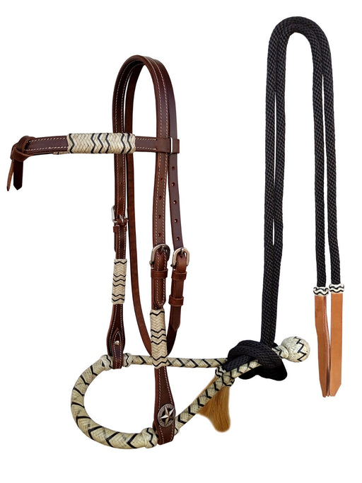 Horse Western Knotted Bosal Rawhide Hanger Headstall w/ Braided Reins 78J04