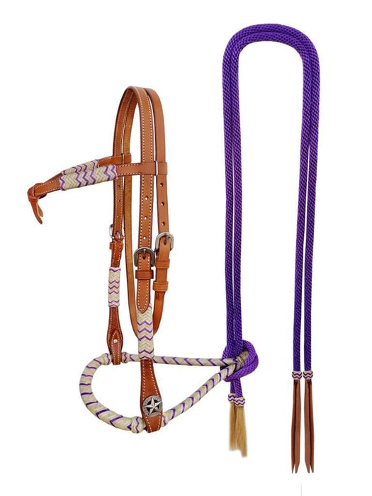 Horse Western Knotted Bosal Rawhide Hanger Headstall w/ Braided Reins 78J04