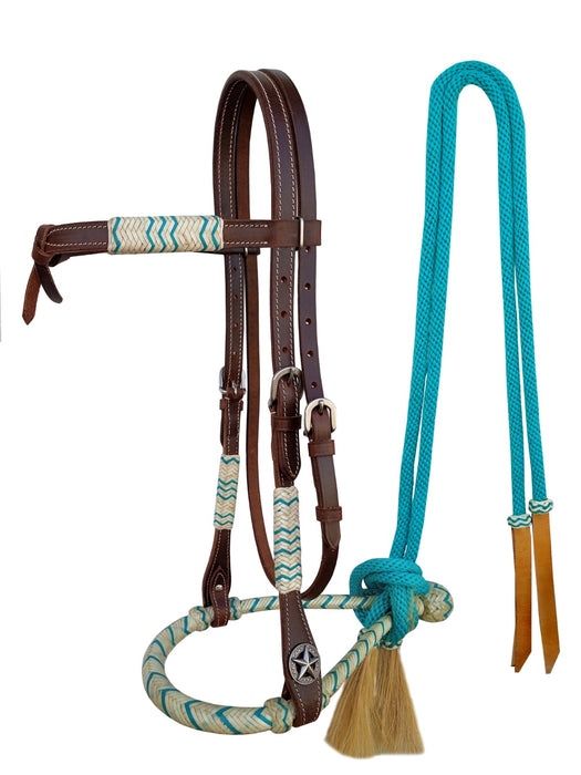Horse Western Knotted Bosal Rawhide Hanger Headstall w/ Braided Reins 78J04