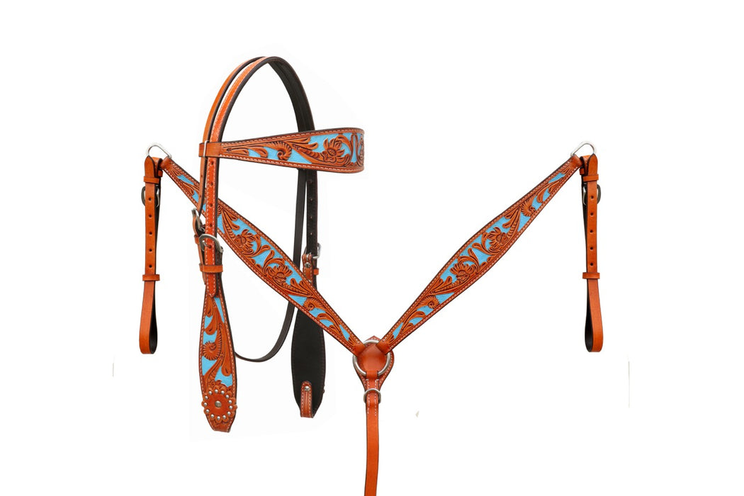 Horse Western Browband Basket Weave Tooled Leather Bridle Breast Collar Tack Set 78RS0311