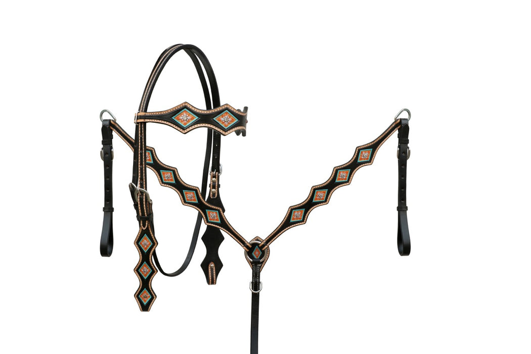 Horse Western Browband Basket Weave Tooled Leather Bridle Breast Collar Tack Set 78RS0311