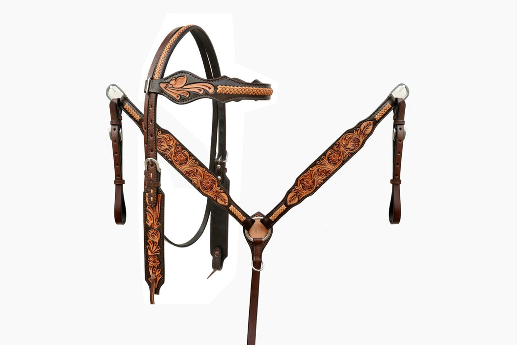 Horse Western Browband Basket Weave Tooled Leather Bridle Breast Collar Tack Set 78RS0311