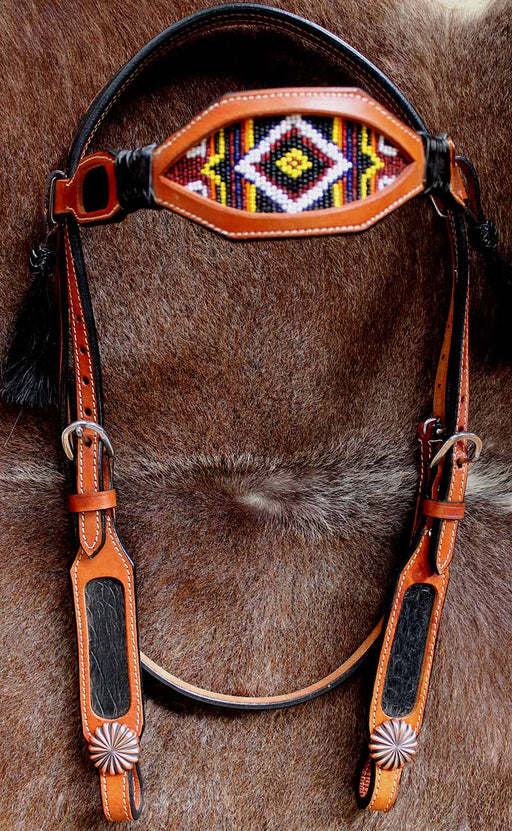 Horse Show Bridle Western Leather Headstall Hand Beaded Tack Rodeo Brown 7905H