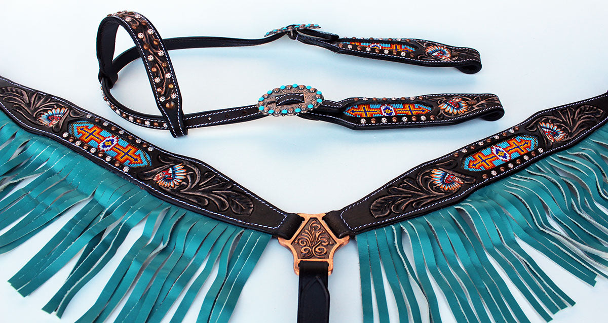 Horse Show Bridle Western Leather Headstall Breast Collar Turquoise Rodeo 79106A