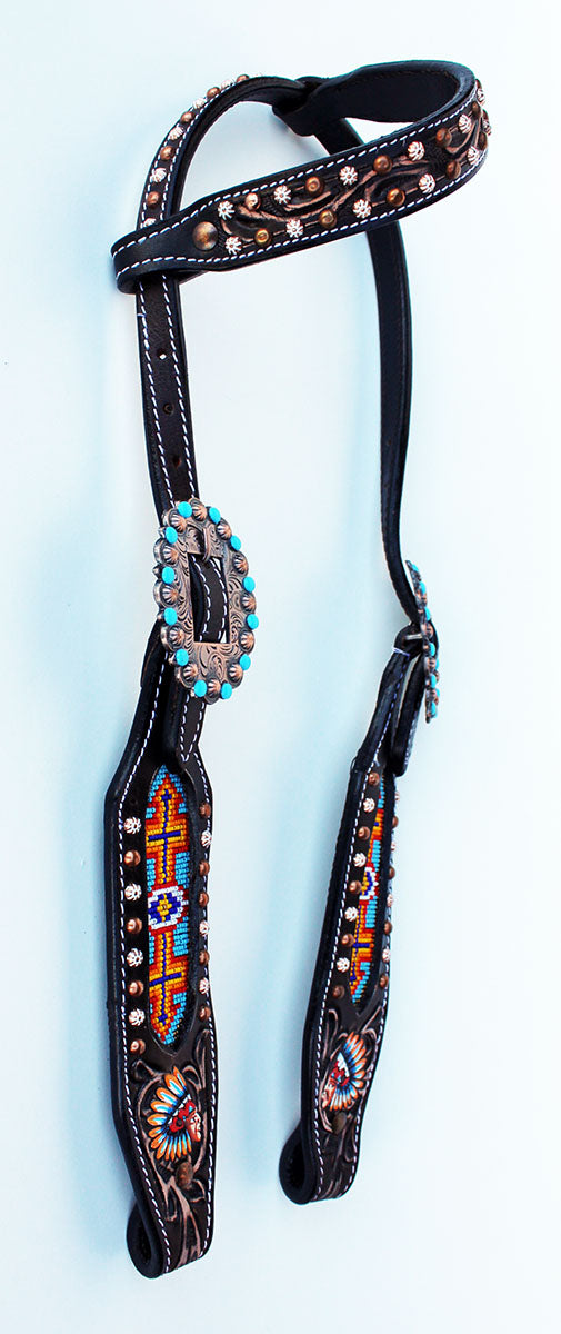 Horse Show Bridle Western Leather Headstall Brown Turquoise Tack Rodeo 79106HA