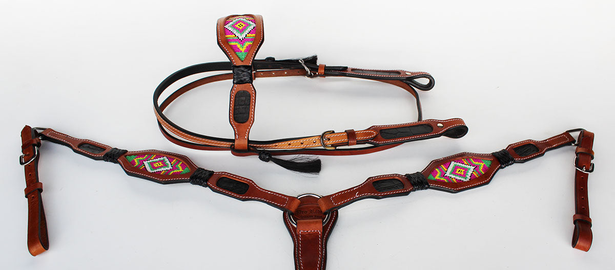 Horse Bridle Western Leather Headstall Breast Collar Show Tack Beaded Green 7911