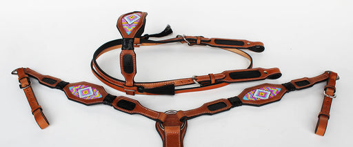 Horse Bridle Western Leather Headstall Breast Collar Tack Beaded Purple BRN 7913