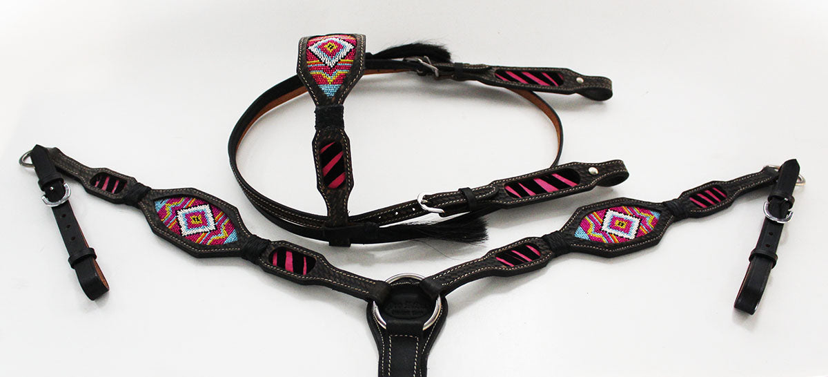 Horse Bridle Western Leather Headstall Breast Collar Show Tack Beaded  7916