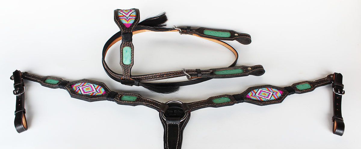 Horse Bridle Western Leather Headstall Breast Collar Show Tack Beaded  7918