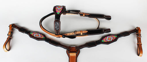 Horse Bridle Western Leather Headstall Breast Collar Show Tack Beaded  7919
