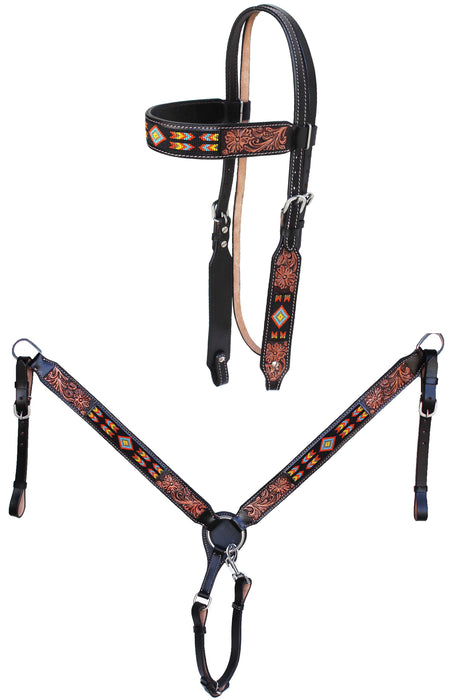 Horse Show Bridle Western Leather Western Antique Floral Tooled Leather Beaded Bridle Breast Collar Tack 79FK02B