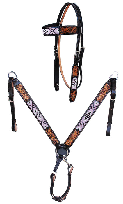 Horse Show Bridle Western Leather Western Basket Weave Tooled Leather Beaded Bridle Breast Collar Tack 79TacksetBeaded