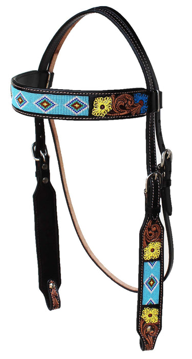 Horse Show Bridle Western Leather Western Antique Floral Tooled Leather Beaded Bridle Breast Collar Tack 79FK05B