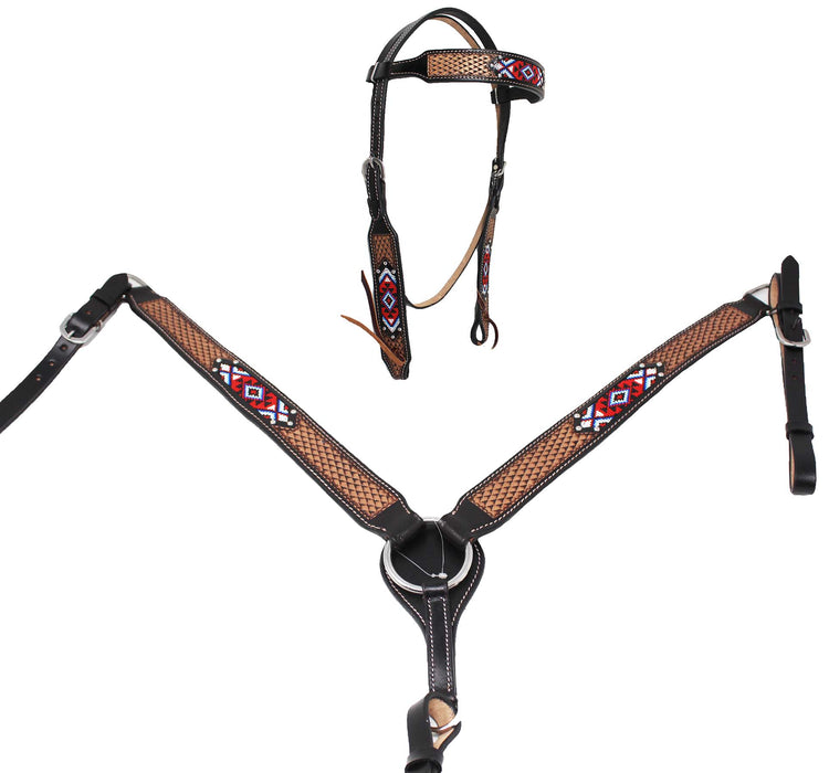 Horse Show Bridle Western Leather Western Basket Weave Tooled Leather Beaded Bridle Breast Collar Tack 79TacksetBeaded