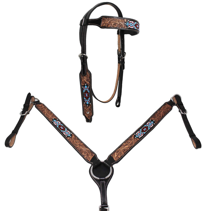 Horse Show Bridle Western Leather Western Basket Weave Tooled Leather Beaded Bridle Breast Collar Tack 79TacksetBeaded