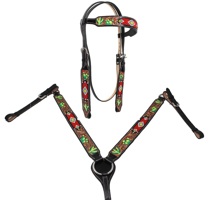 Horse Show Bridle Western Leather Western Basket Weave Tooled Leather Beaded Bridle Breast Collar Tack 79TacksetBeaded