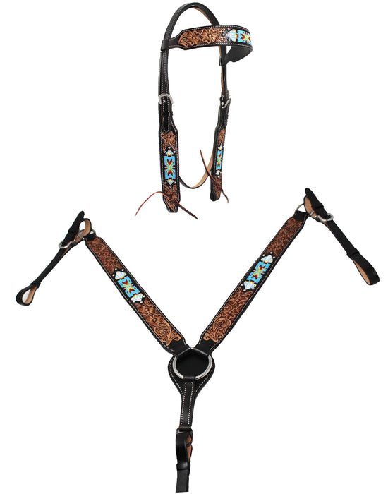 Horse Show Bridle Western Leather Western Basket Weave Tooled Leather Beaded Bridle Breast Collar Tack 79TacksetBeaded