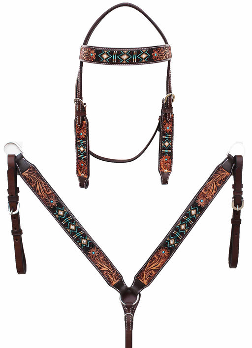 Horse Show Bridle Western Leather Western Antique Floral Tooled Leather Beaded Bridle Breast Collar Tack 79RS01B