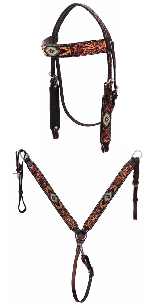 Horse Show Bridle Western Leather Western Antique Floral Tooled Leather Beaded Bridle Breast Collar Tack 79RS03B