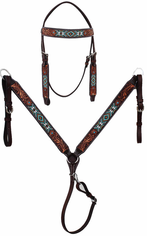 Horse Show Bridle Western Leather Western Antique Floral Tooled Leather Beaded Bridle Breast Collar Tack 79RS04B