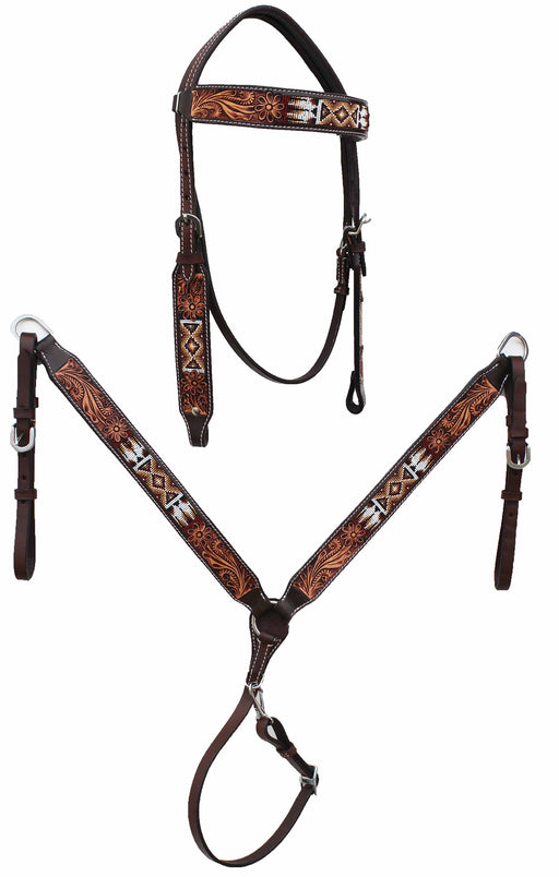 Horse Show Bridle Western Leather Western Antique Floral Tooled Leather Beaded Bridle Breast Collar Tack 79RS05B