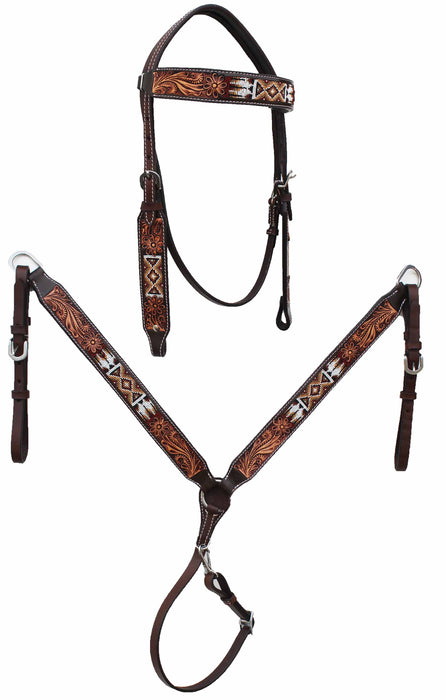 Horse Show Bridle Western Leather Western Antique Floral Tooled Leather Beaded Bridle Breast Collar Tack 79RS05B