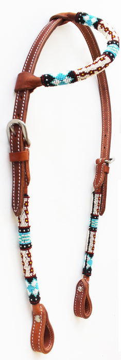 Horse Show Bridle Western Leather Headstall Beaded One Ear 79RT05HA
