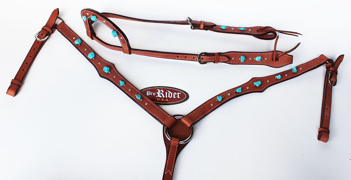 Horse Tack Bridle Western Leather Headstall Turquoise 8003A