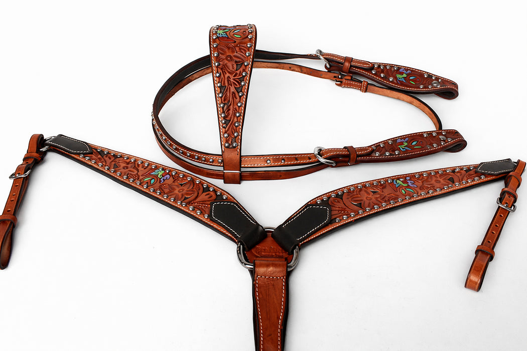 Horse Tack Bridle Western Leather Headstall Breast Collar Brown Turquoise 80153