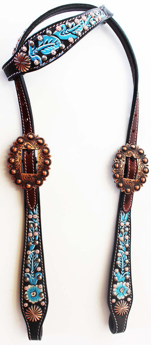 Horse Tack Bridle Western Leather Headstall Rodeo Barrel Turquoise 80232HA02