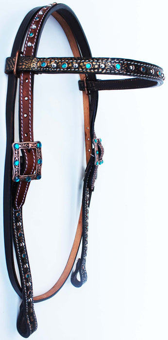 Horse Tack Bridle Western Leather Headstall Turquoise Bling Brown Rodeo 80237HB