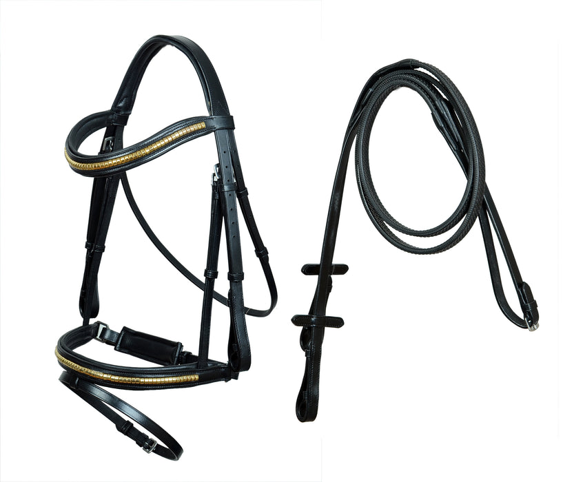 Horse English All-Purpose Trail Black Padded Leather Brass Studded Bridle  Removable Flash Rubber Grip Reins 803HI26BK-F