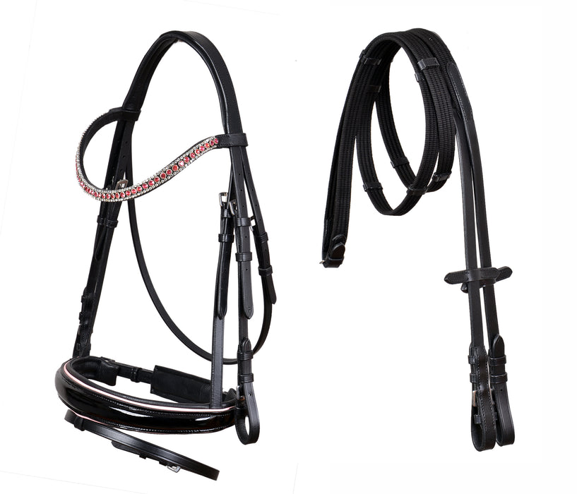 Horse English All-Purpose Trail Pleasure Padded Leather Crystal Browband Bridle with Buckle Reins 803HI28BK-F