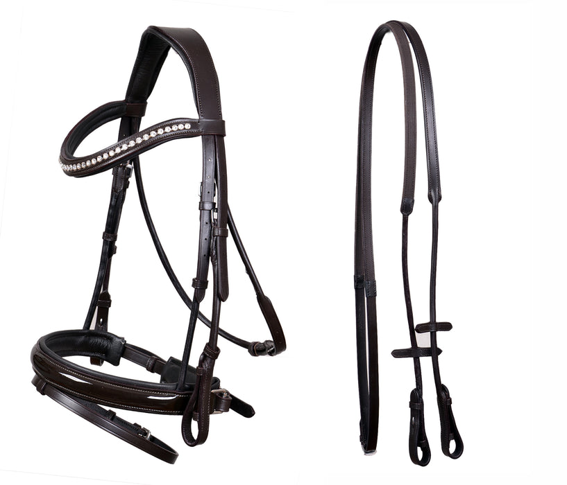 Horse English All-Purpose Trail Pleasure Padded Leather Crystal Browband Bridle with Buckle Reins 803HI32BR-F
