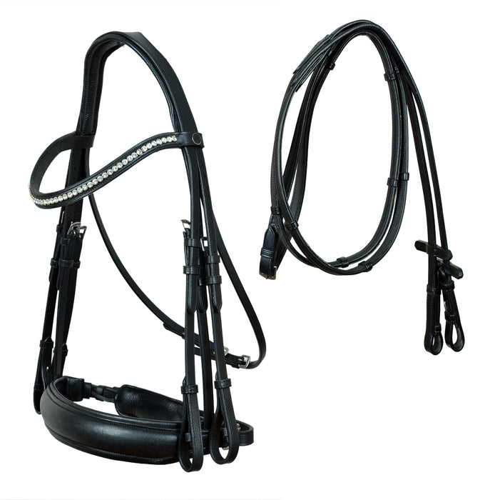 Black Leather Horse English Bridle Rhinestones Wide Noseband Reins  803HI37BK-F