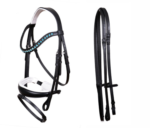 Horse English All-Purpose Trail Pleasure Padded Leather Crystal Browband Bridle with Buckle Reins 803HI40BK-F