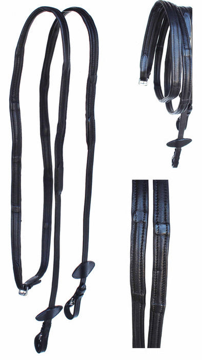 Black Leather Draw Reins 3/8" x 7' – Heavy Duty English Training Reins with Swivel Snap Ends | Convertible Split or Single Rein with Nickel Plated Hardware | 805LR35BK-7