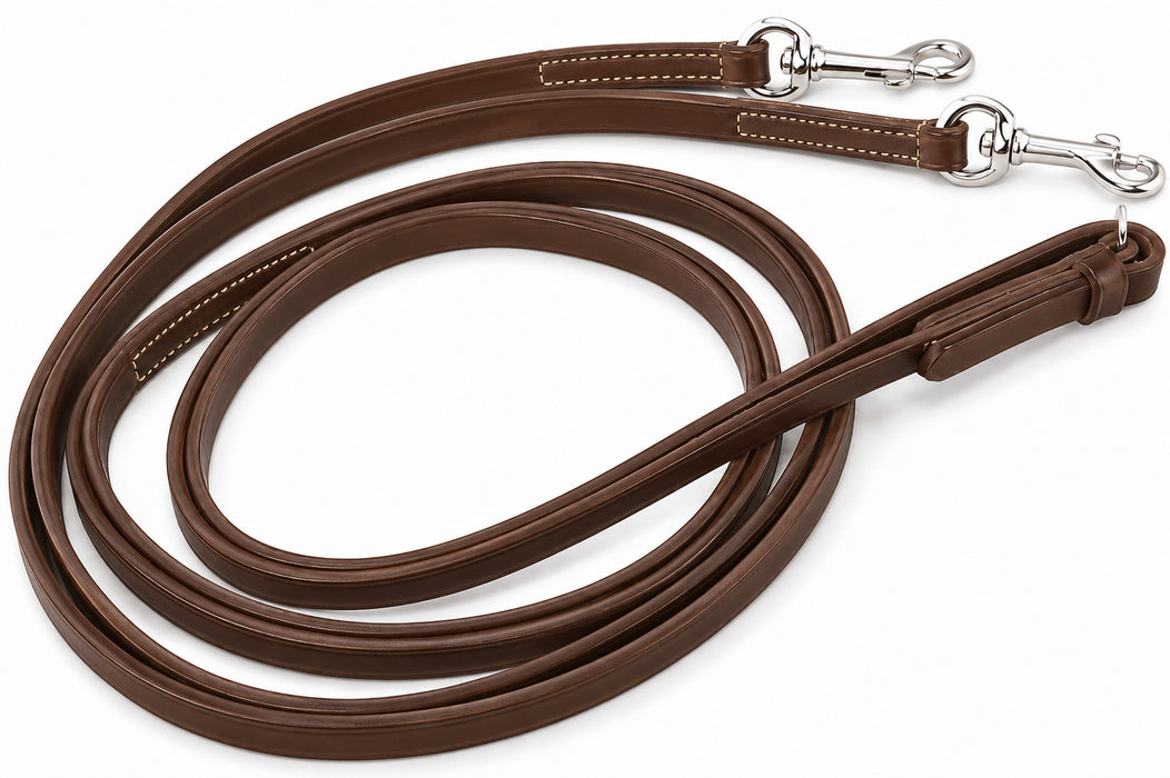 Leather Draw Reins 3/8" x 7'  Heavy Duty English Training Reins with Swivel Snap Ends | Convertible Split or Single Rein with Nickel Plated Hardware | 805LR35
